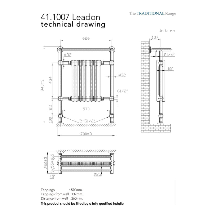Eastbrook Leadon Heated Towel Rail 940mm x 700mm Chrome/White