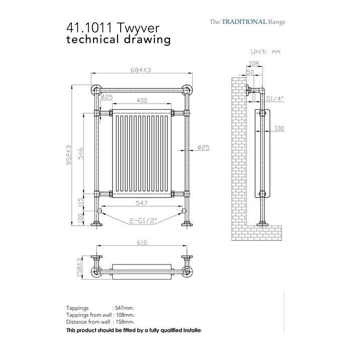 Eastbrook Twyver Heated Towel Rail 952mm x 684mm Chrome/White