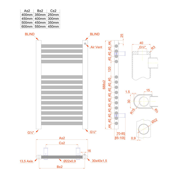 Eastbrook Biava Multirail HV Vertical Straight Heated Towel Rail - Chrome