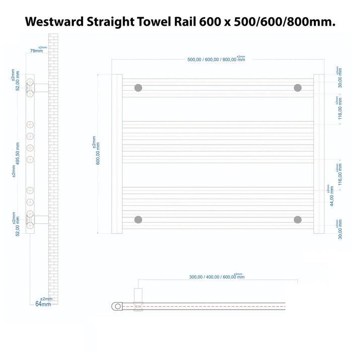 Eastbrook Westward Horizontal Straight Heated Towel Rail - 600mm x 800mm - Gloss White