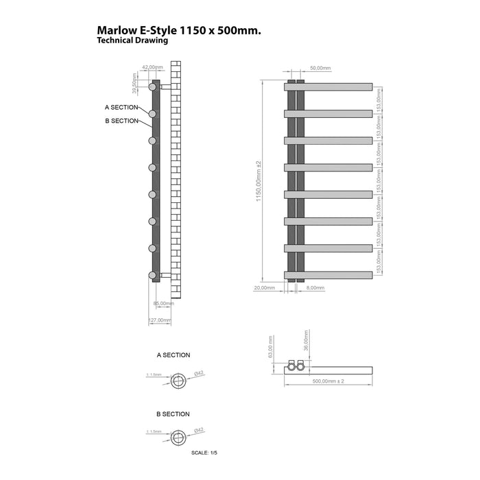 Eastbrook Marlow E-Style Vertical Designer Heated Towel Rail - Matt Grey