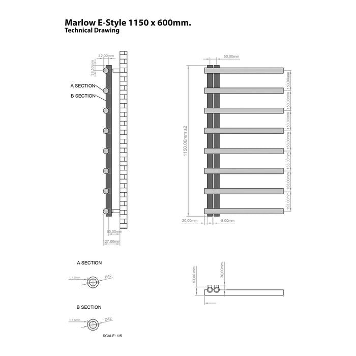 Eastbrook Marlow E-Style Vertical Designer Heated Towel Rail - Matt Grey