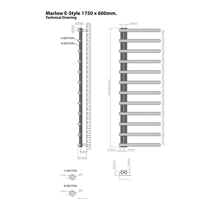 Eastbrook Marlow E-Style Vertical Designer Heated Towel Rail - Matt Grey