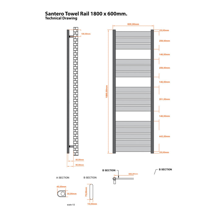 Eastbrook Santero Vertical Designer Heated Towel Rail - Chrome