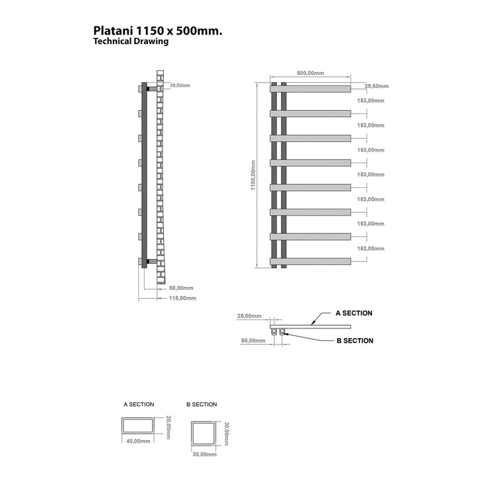 Eastbrook Platani Vertical Designer Straight Heated Towel Rail - Matt Grey