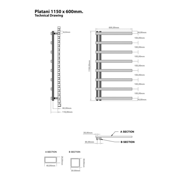 Eastbrook Platani Vertical Designer Straight Heated Towel Rail - Matt Grey