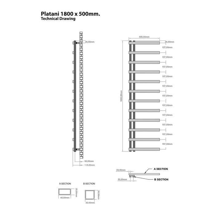 Eastbrook Platani Vertical Designer Straight Heated Towel Rail - Matt Grey
