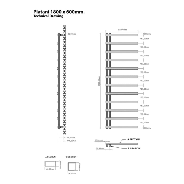 Eastbrook Platani Vertical Designer Straight Heated Towel Rail - Matt Grey