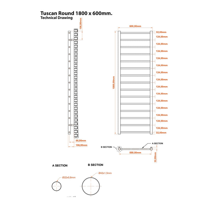 Eastbrook Tuscan Round Vertical Straight Heated Towel Rail - Matt Grey