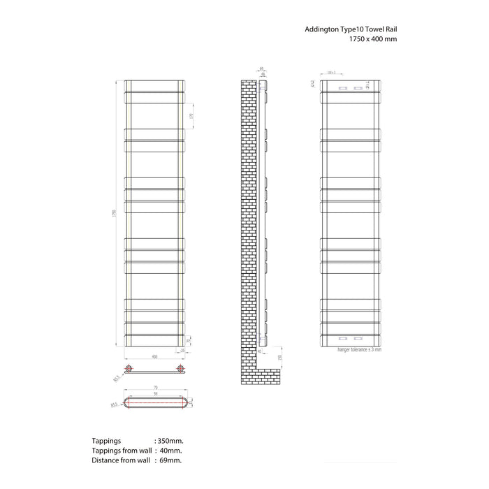 Eastbrook Addington Type 10 Vertical Designer Heated Towel Rail - Matt Anthracite