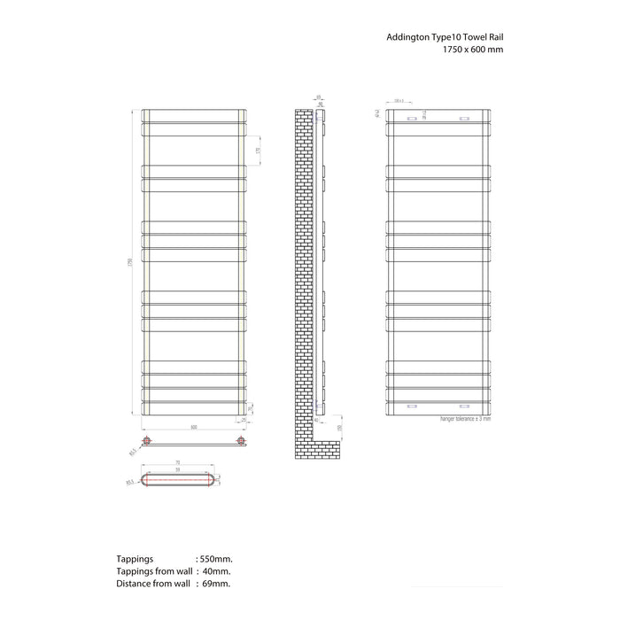 Eastbrook Addington Type 10 Vertical Designer Heated Towel Rail - Matt Anthracite