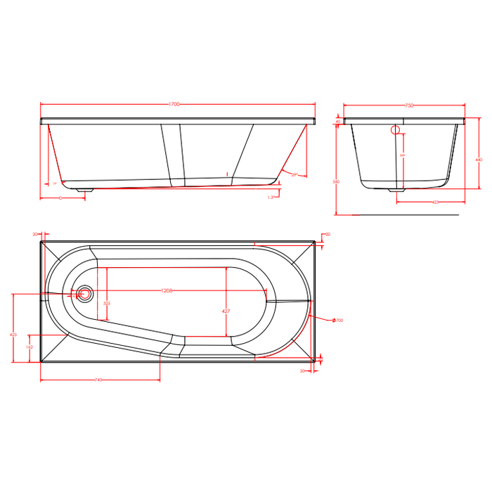 Eastbrook Fitzroy Beauforte Rectangular Single Ended Bath - 1700mm x 750mm - No Tap Holes - White
