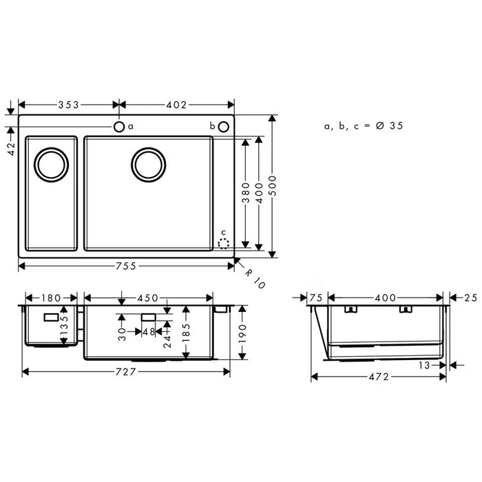 Hansgrohe S71 1.5 Bowl Kitchen Sink - 755x500mm - Stainless Steel