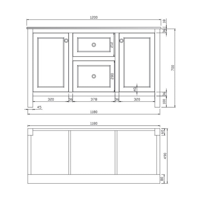 Scudo Montpelier 1200mm 2 Drawer & 2 Door Floorstanding Vanity Unit with Chrome Handles & Marble Countertop