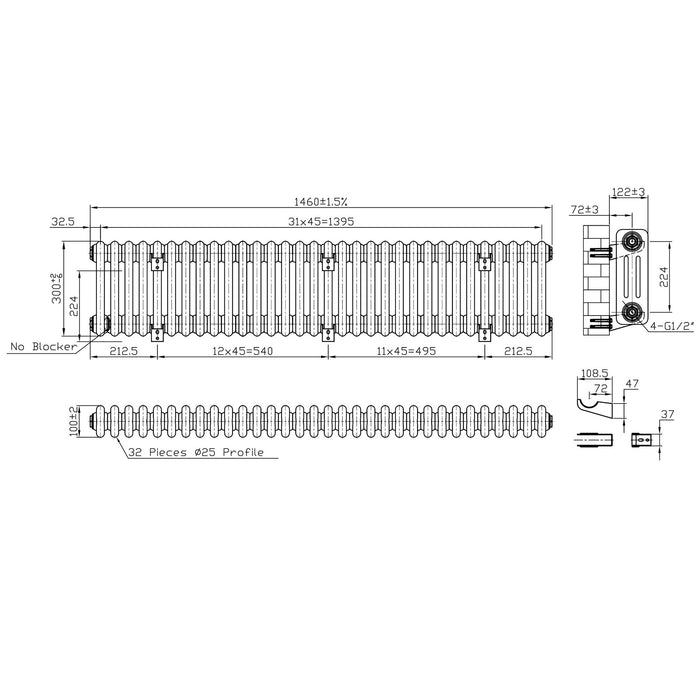 Eastbrook Imperia Horizontal 3 Column Radiator - Matt Black