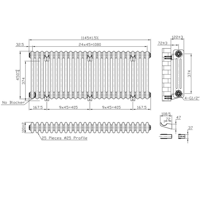 Eastbrook Imperia Horizontal 3 Column Radiator - Matt Black