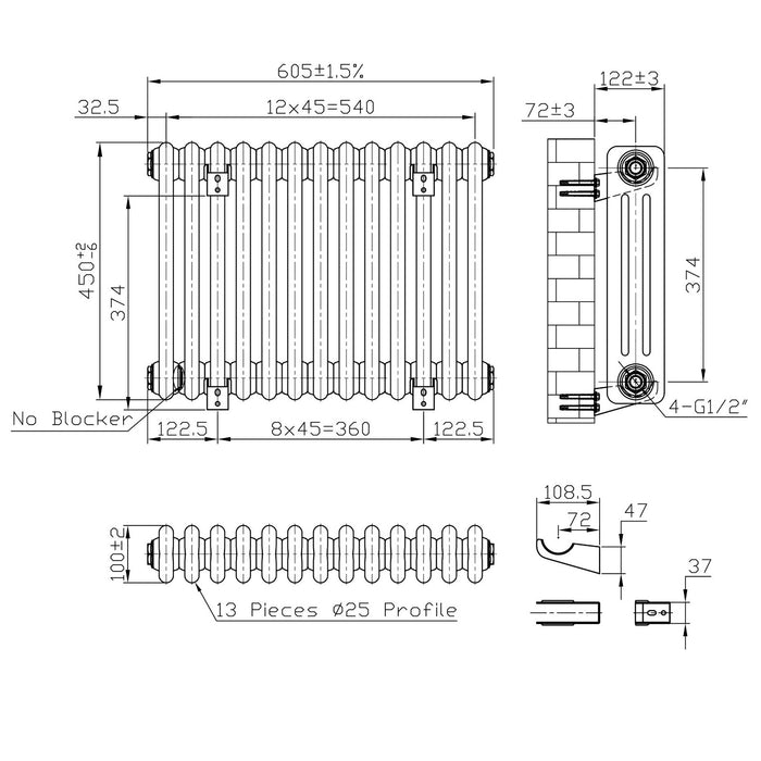 Eastbrook Imperia Horizontal 3 Column Radiator - Matt Black