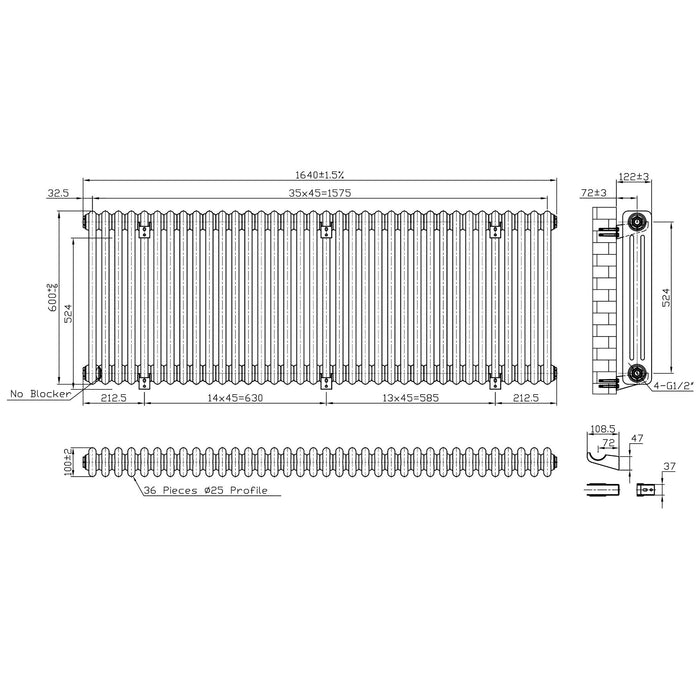 Eastbrook Imperia Horizontal 3 Column Radiator - Matt Black