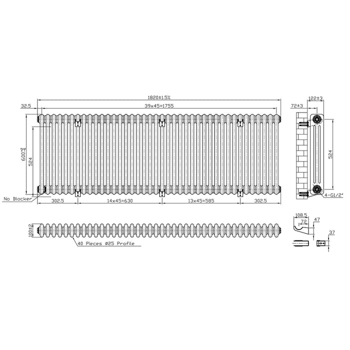 Eastbrook Imperia Horizontal 3 Column Radiator - Matt Black