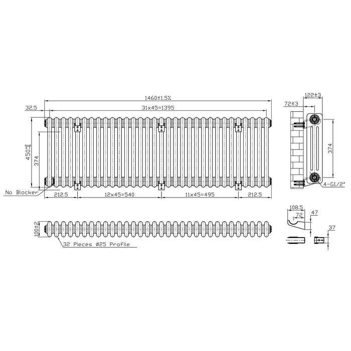Eastbrook Imperia Horizontal 3 Column Radiator - Matt Black