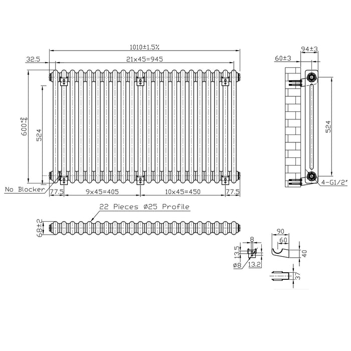 Eastbrook Imperia 2 Column Radiator Bare Metal