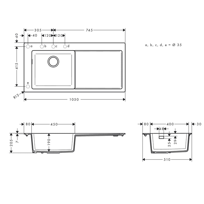 Hansgrohe S51 Granite Composite Kitchen Sink with Draining Board - 1050x510mm - Graphite Black