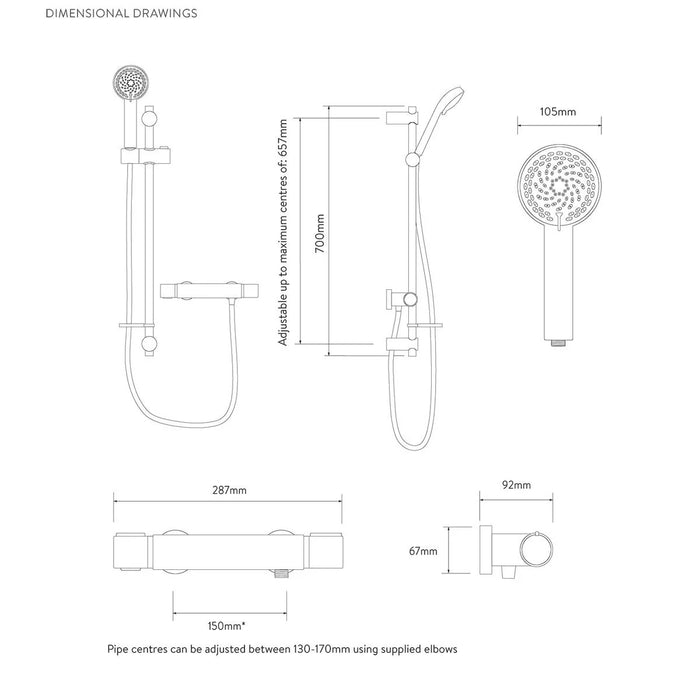 Aqualisa Midas 110 Thermostatic Bar Valve Mixer Shower with Slide Rail Kit - Chrome