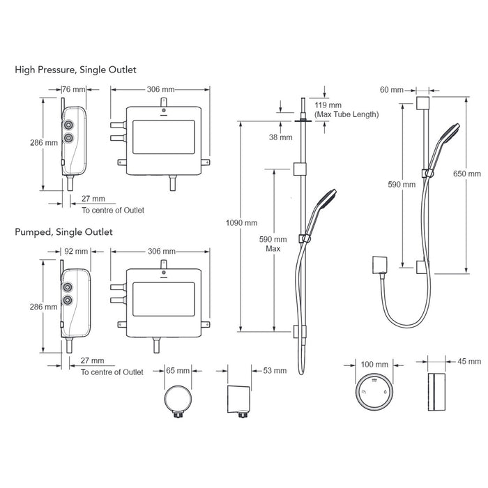 Mira Platinum Single Outlet Rear Fed Smart Digital Shower - High Pressure/Combi - Black/Chrome