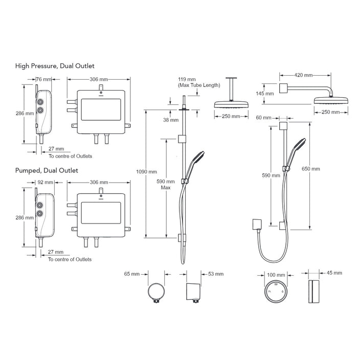 Mira Platinum Dual Outlet Rear-Fed Smart Digital Shower - High Pressure/Combi - Black/Chrome