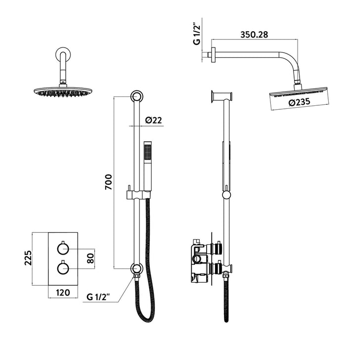 Scudo Core Round Thermostatic Concealed Shower Set with Fixed Head & Handset Riser Kit