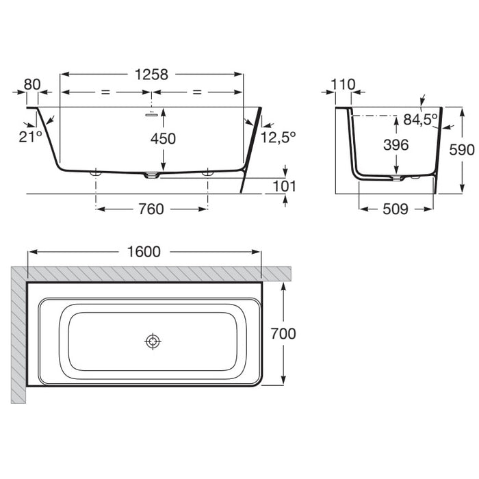 Roca Ona Stonex Corner Bath with Panels & Click Clack Waste & Trap - 1600mm x 700mm