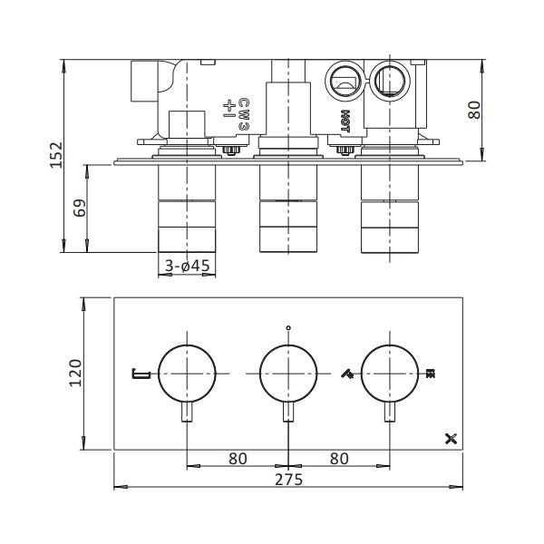 Crosswater MPRO 3 Outlet 3 Handle Landscape Concealed Thermostatic Shower Valve With 3 Way Diverter