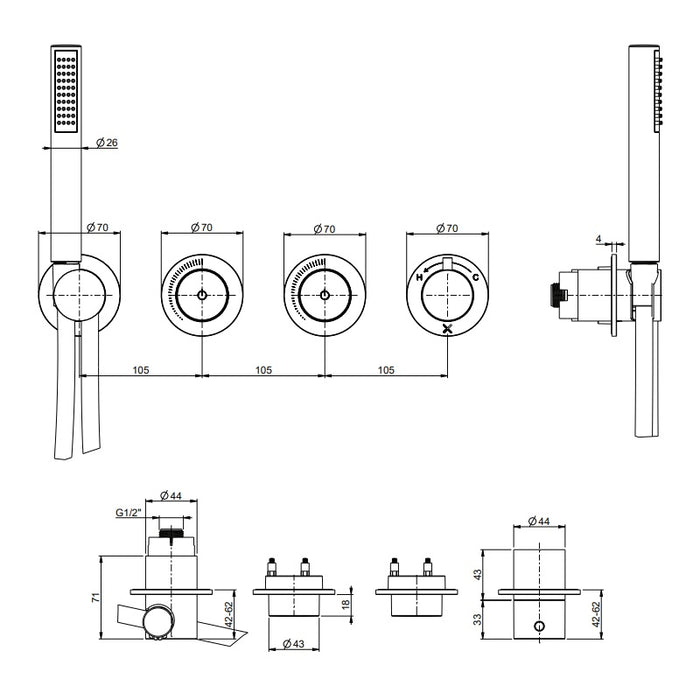 Crosswater Module MRPO 2 Outlet Thermostatic Concealed Shower Valve With Handset And Rough