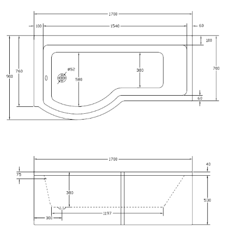 Sonas P Shape Shower Bath With Bath Panel And Bath Screen