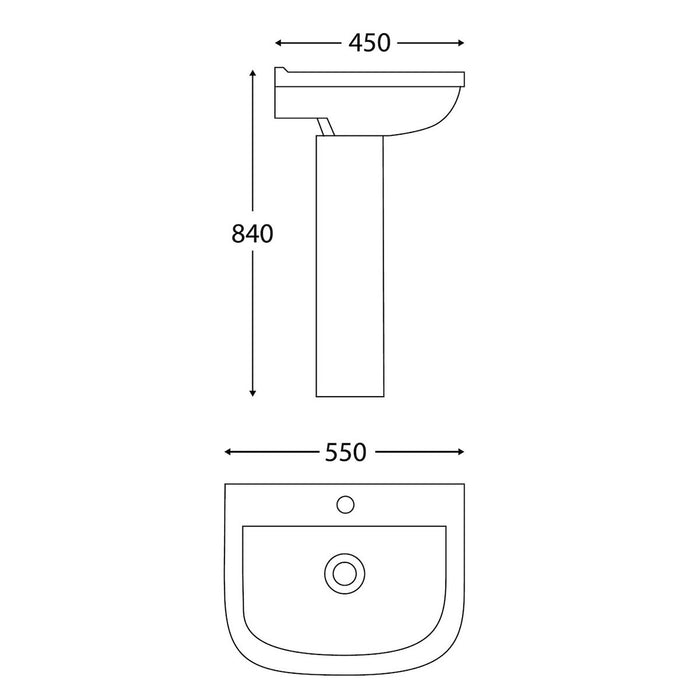 Scudo Porto 550mm Basin with Full Pedestal 1 Tap Hole