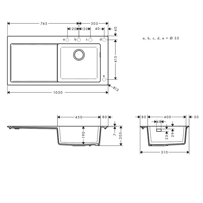 Hansgrohe S51 Granite Composite Kitchen Sink with Draining Board - 1050x510mm - Graphite Black