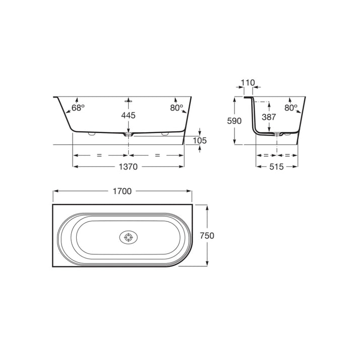 Roca Raina Stonex Corner Bath with Click Clack Waste & Trap - 1700mm x 750mm