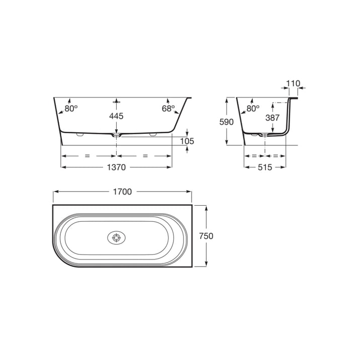 Roca Raina Stonex Corner Bath with Click Clack Waste & Trap - 1700mm x 750mm