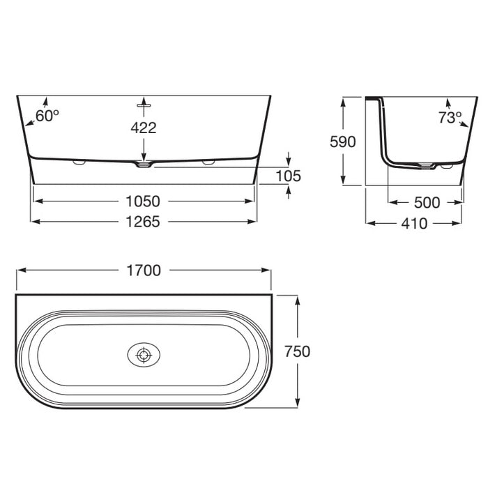 Roca Raina Stonex Double Ended Back To Wall Freestanding Bath - 1700mm x 750mm