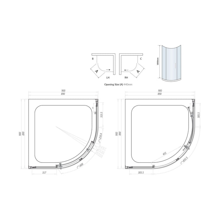 Scudo Korra 6mm Single Door Quadrant Shower Enclosure - Chrome