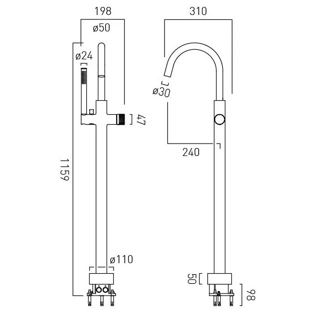 Vado Safari Fluted Leverless Twist-Top Floorstanding Bath Shower Mixer Tap with Shower Kit