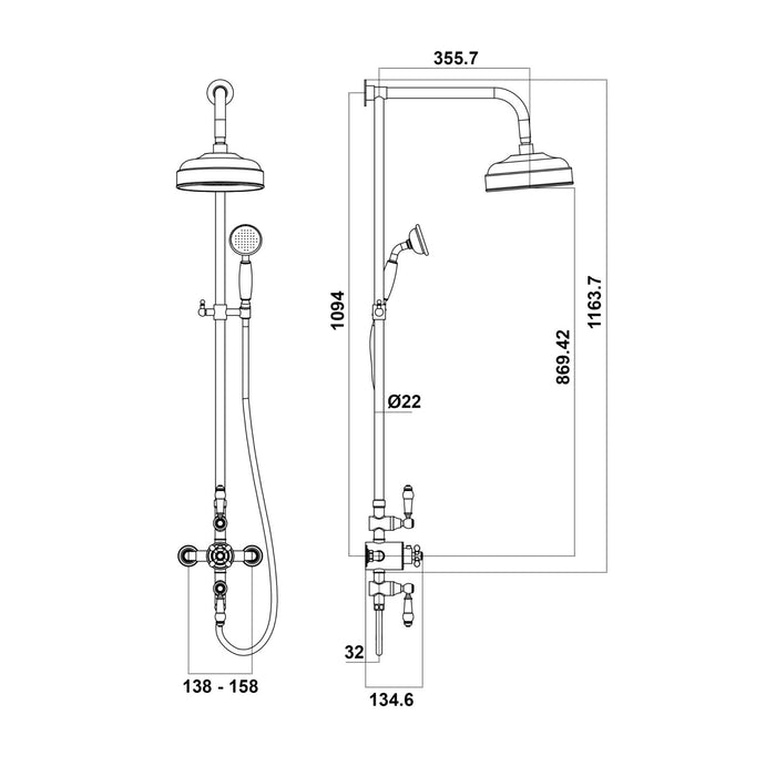 Scudo Traditional Round Rigid Riser Mixer Shower with Fixed Head & Handset - Chrome