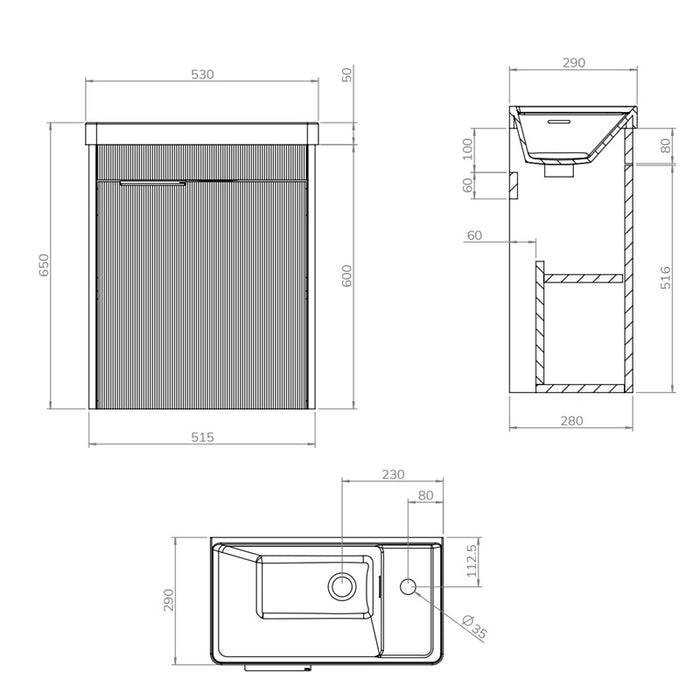 Sonas Reed 550mm 1 Door Cloakroom Wall Hung Vanity Unit with Basin and Handle