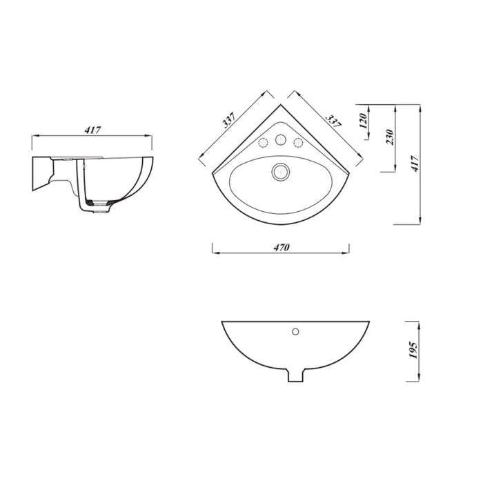 Sonas Strata Wall Hung Corner Basin - 337mm - 1 Tap Hole