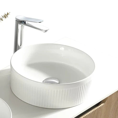 Tailored Flauto Fluted Round Countertop Basin - 375mm Wide - Gloss White