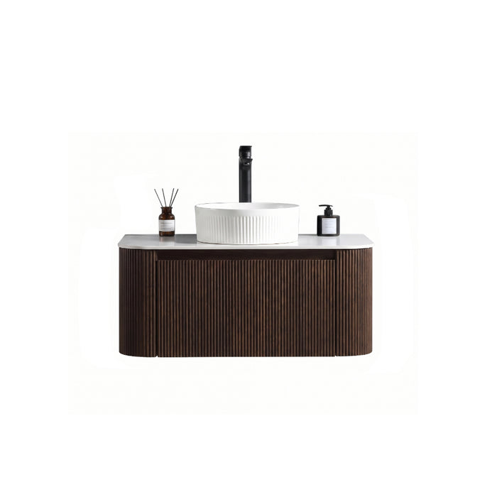 Tailored Flauto 1 Drawer Fluted Wall Hung Curve Corner Vanity Unit with Sintered Stone Countertop