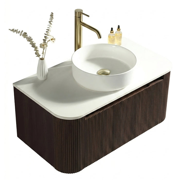 Tailored Flauto 1 Drawer Fluted Wall Hung Curve Corner Vanity Unit with Sintered Stone Countertop
