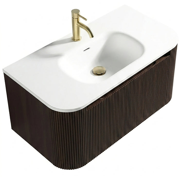 Tailored Flauto 870mm 1 Drawer Fluted Wall Hung Curve Corner Vanity Unit with Matt White Basin