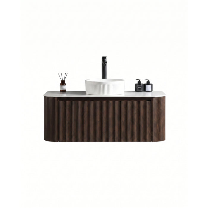 Tailored Flauto 1 Drawer Fluted Wall Hung Curve Corner Vanity Unit with Sintered Stone Countertop