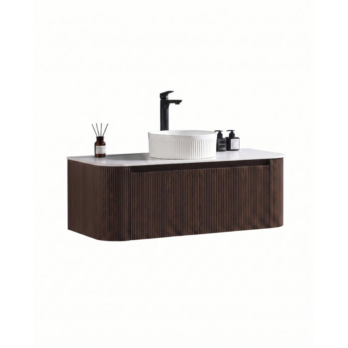 Tailored Flauto 1 Drawer Fluted Wall Hung Curve Corner Vanity Unit with Sintered Stone Countertop
